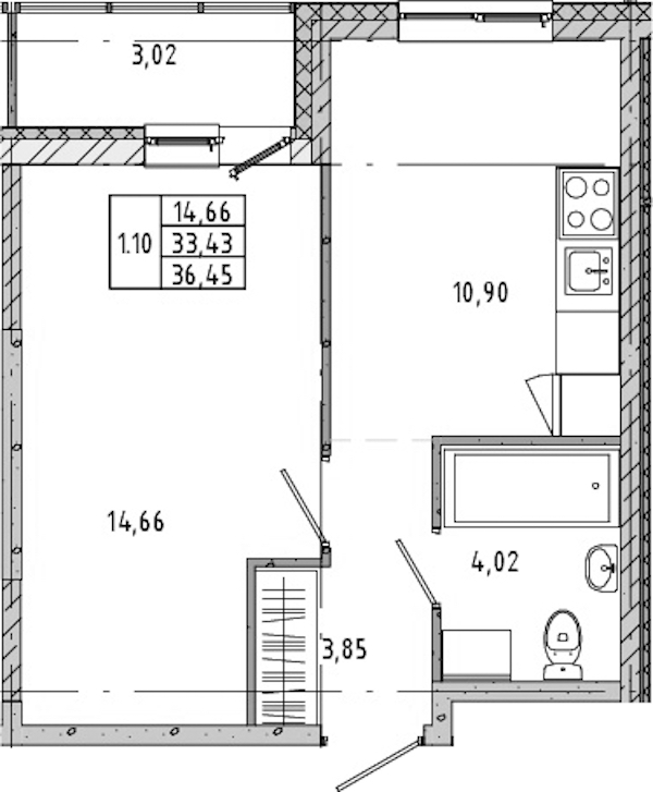1-комнатная квартира 32.66 м², 10/12 эт., ЖК «Новые горизонты 2»